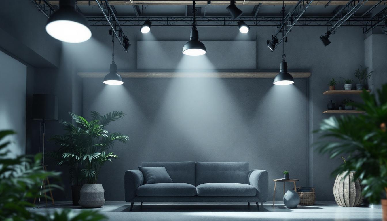 A photograph of a well-lit indoor space showcasing various lighting fixtures in use