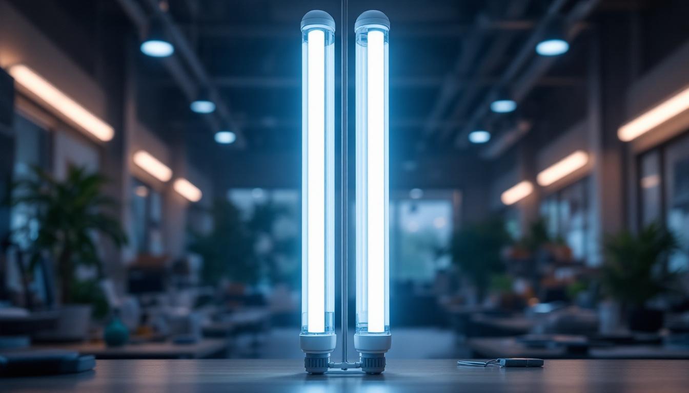A photograph of a side-by-side comparison of t8 and t12 fluorescent tubes in a well-lit engineering workspace