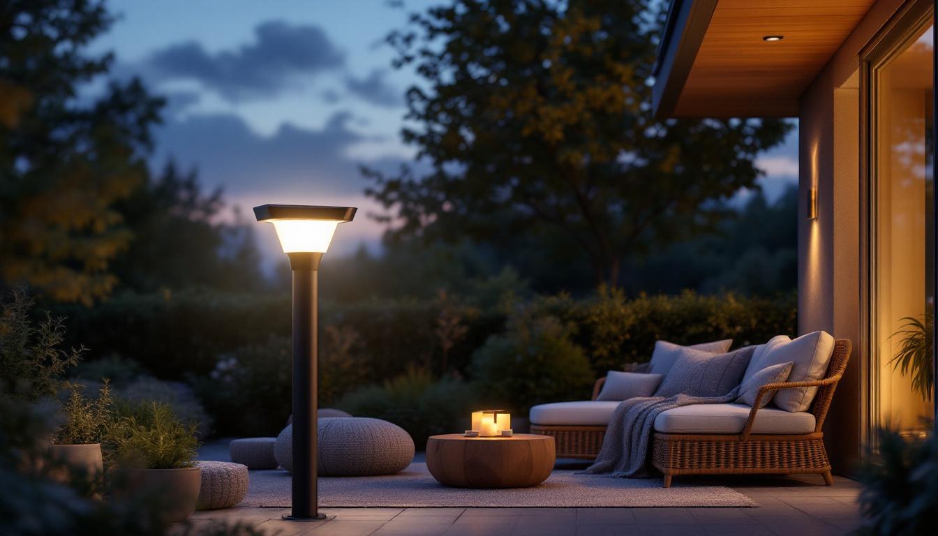 A photograph of a beautifully designed solar patio light illuminating a cozy outdoor seating area at dusk