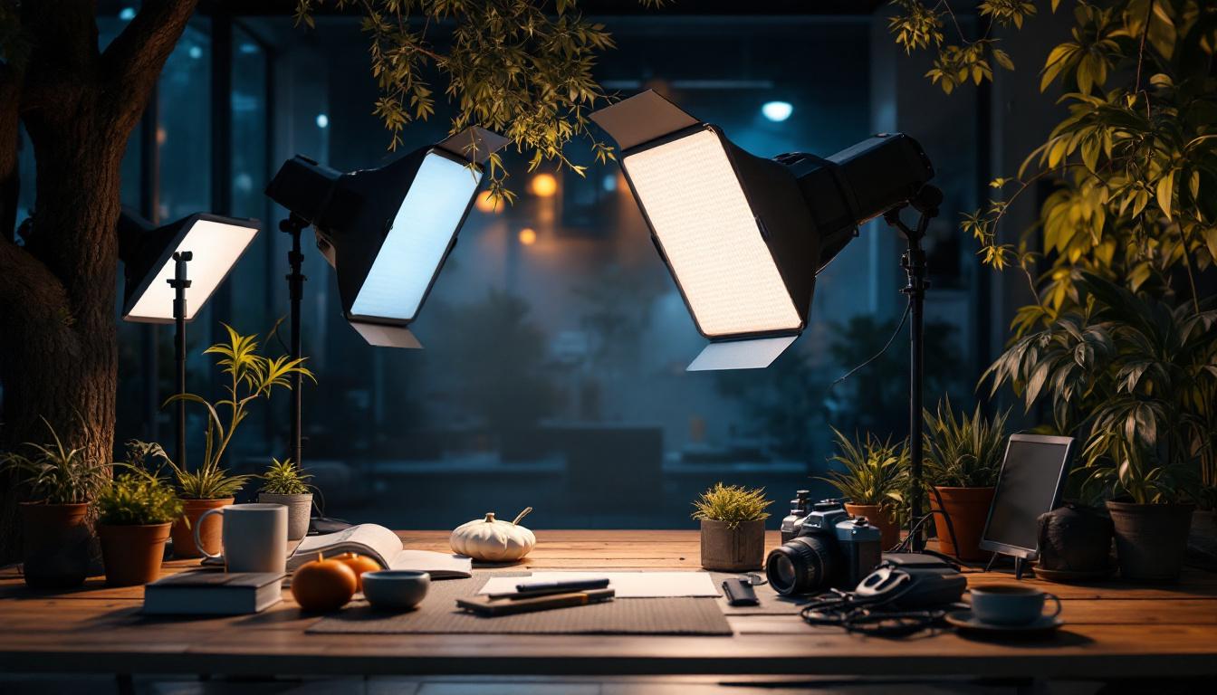 A photograph of a well-lit workspace or outdoor scene showcasing heavy-duty lights in action
