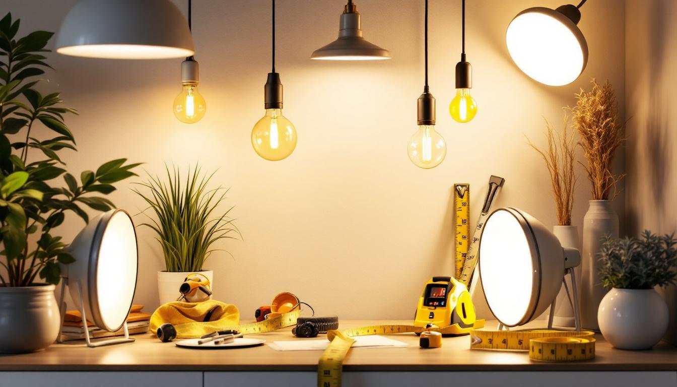 A photograph of a well-lit room showcasing a variety of affordable lighting fixtures