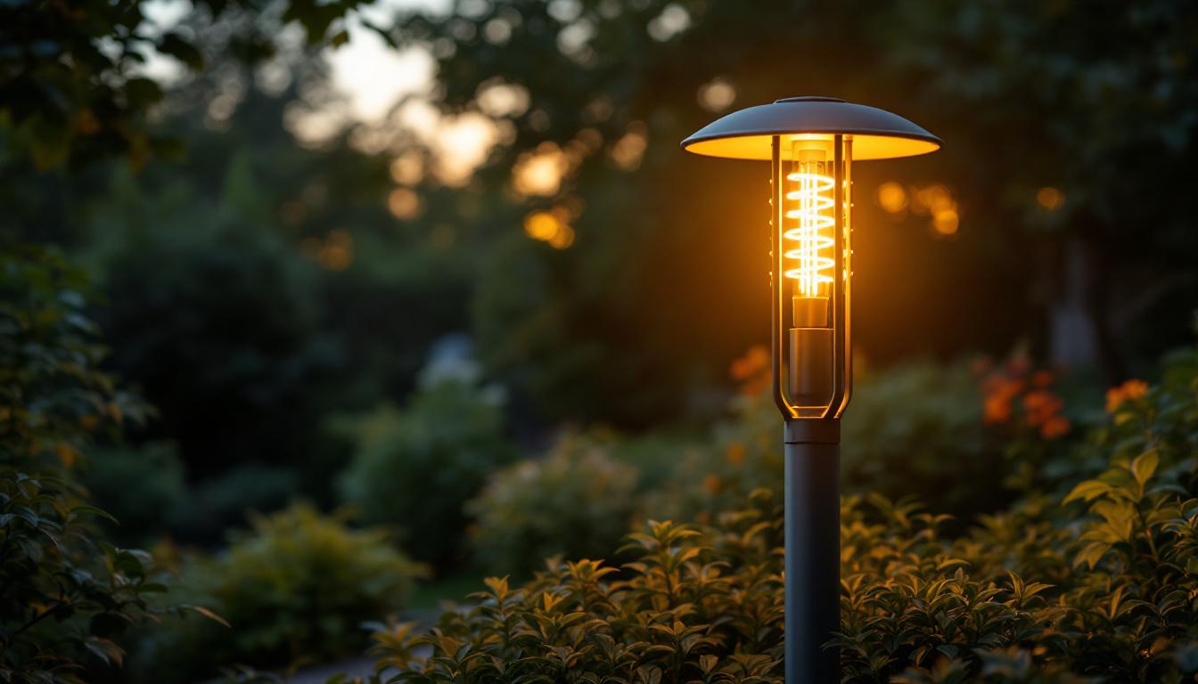 A photograph of a stylish outdoor lamp post in a garden setting
