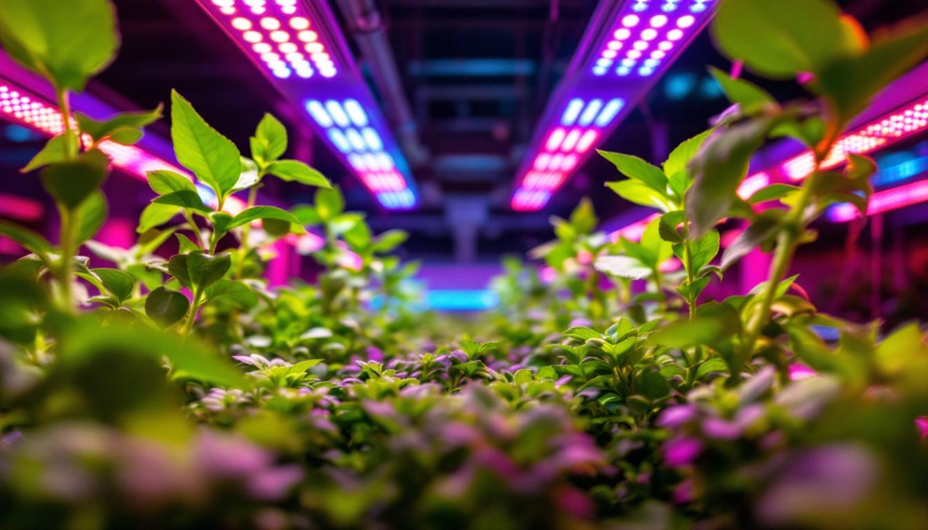 A photograph of a vibrant indoor hydroponic garden illuminated by an array of led grow lights