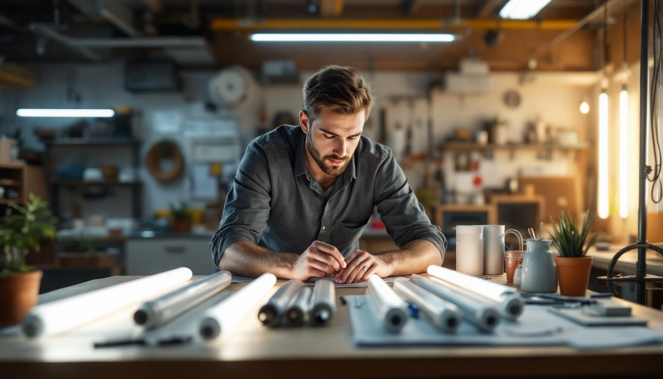 A photograph of a well-lit workspace featuring an electrical engineer examining various fluorescent tube designs and solutions