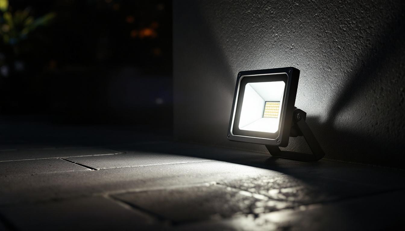 A photograph of a 50-watt led flood light illuminating an outdoor space