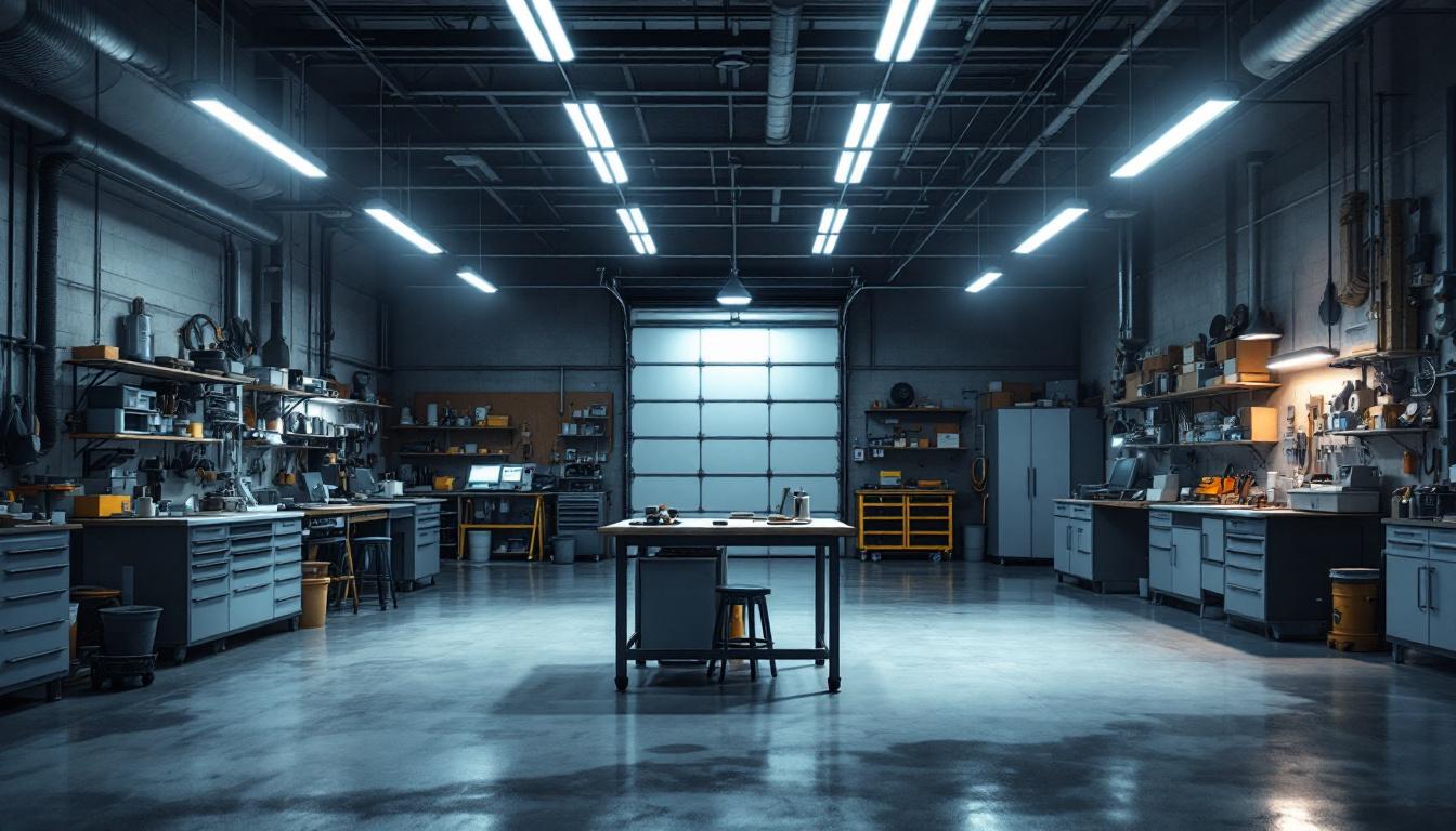 A photograph of capture a photograph of an expansive workshop or garage illuminated by bright 8 ft shop lights