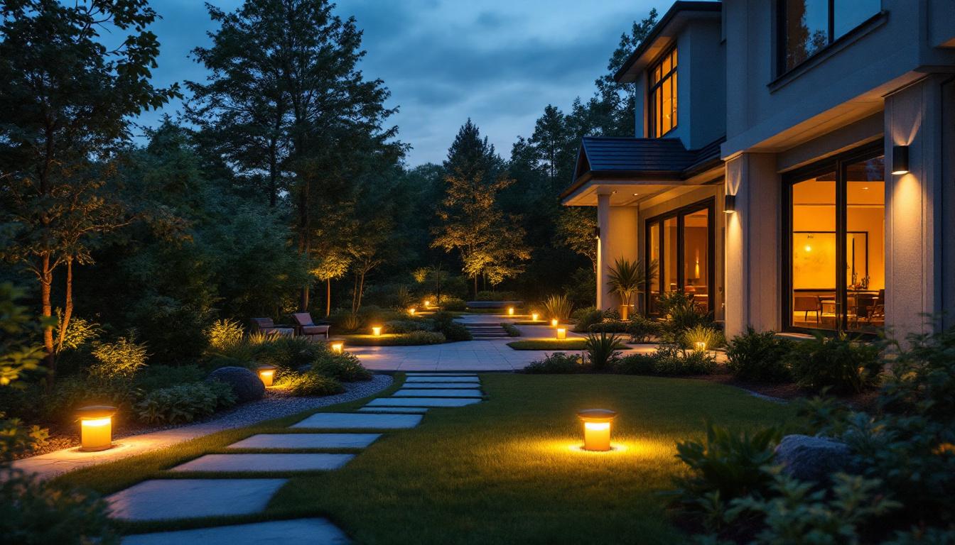 A photograph of a beautifully designed outdoor space illuminated by solar downlights at dusk