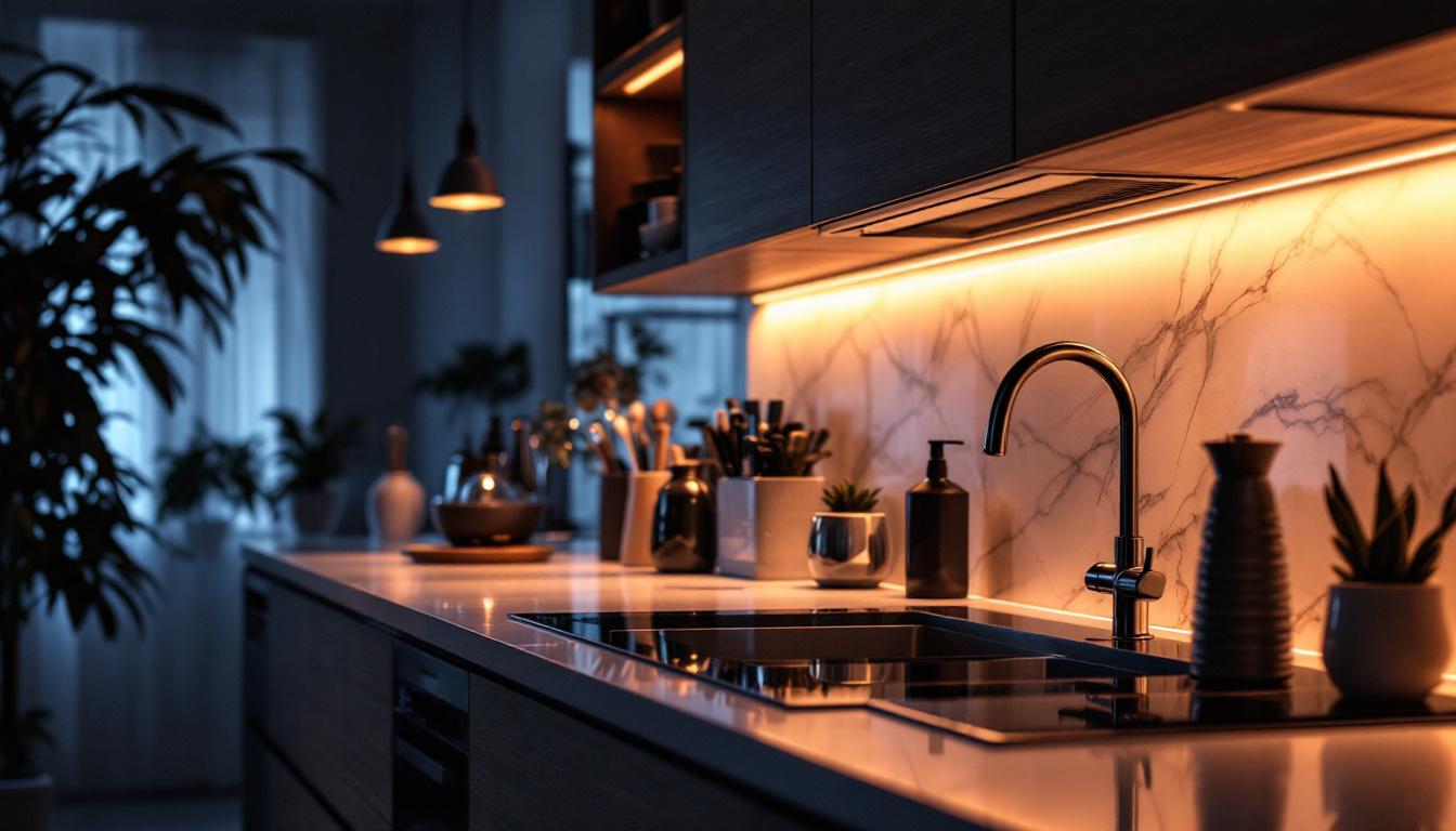 A photograph of a stylish kitchen with dimmable led under counter lights illuminating the workspace