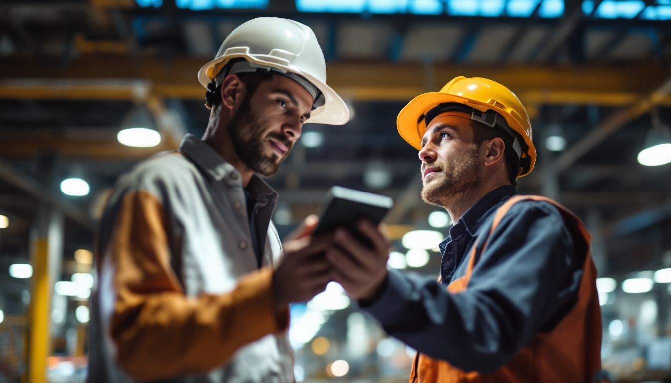 A photograph of a lighting engineer inspecting a high bay occupancy sensor in an industrial setting
