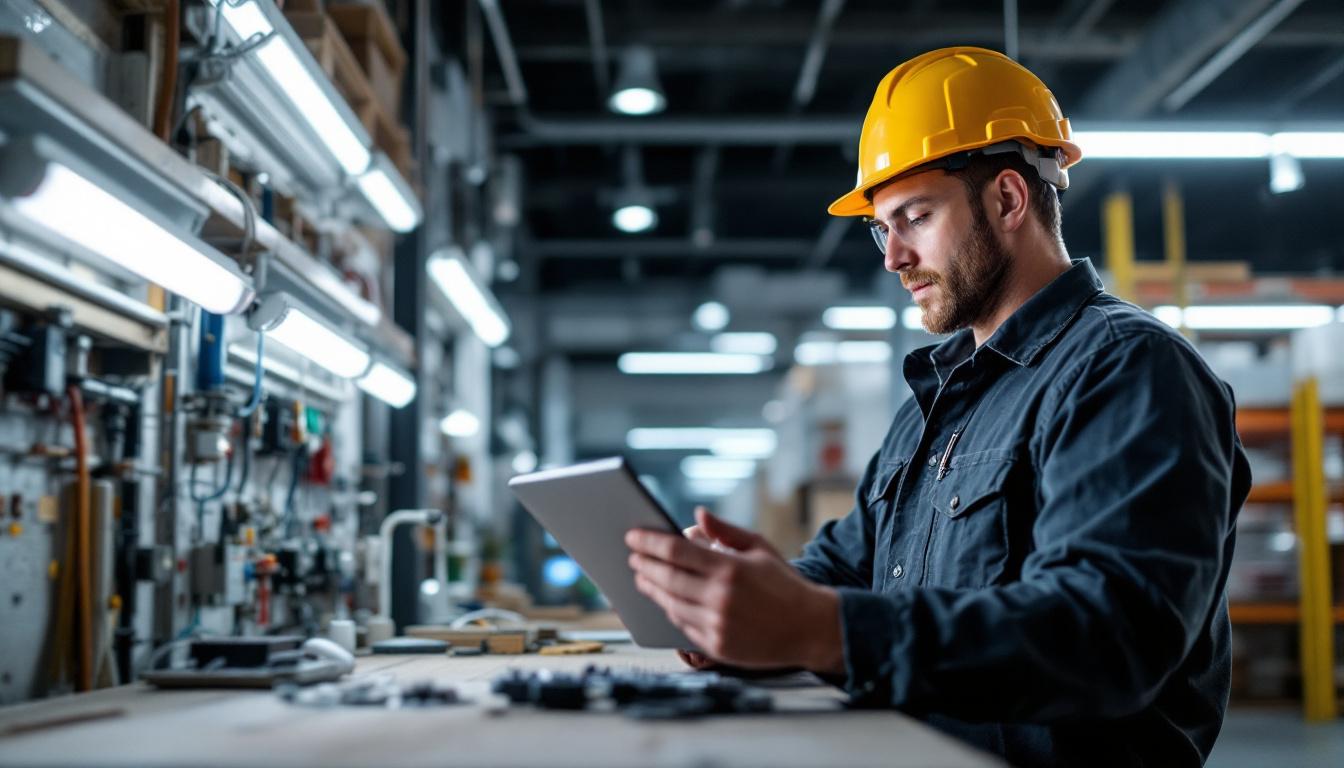 A photograph of a skilled electrical engineer calculating energy savings while replacing traditional fluorescent lights with led fixtures in a commercial setting