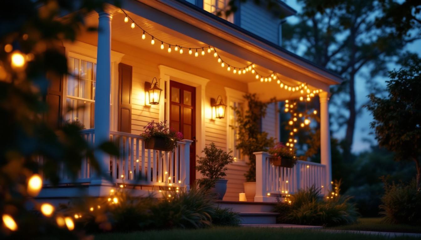 A photograph of a beautifully lit front porch showcasing hanging lights in an inviting evening setting