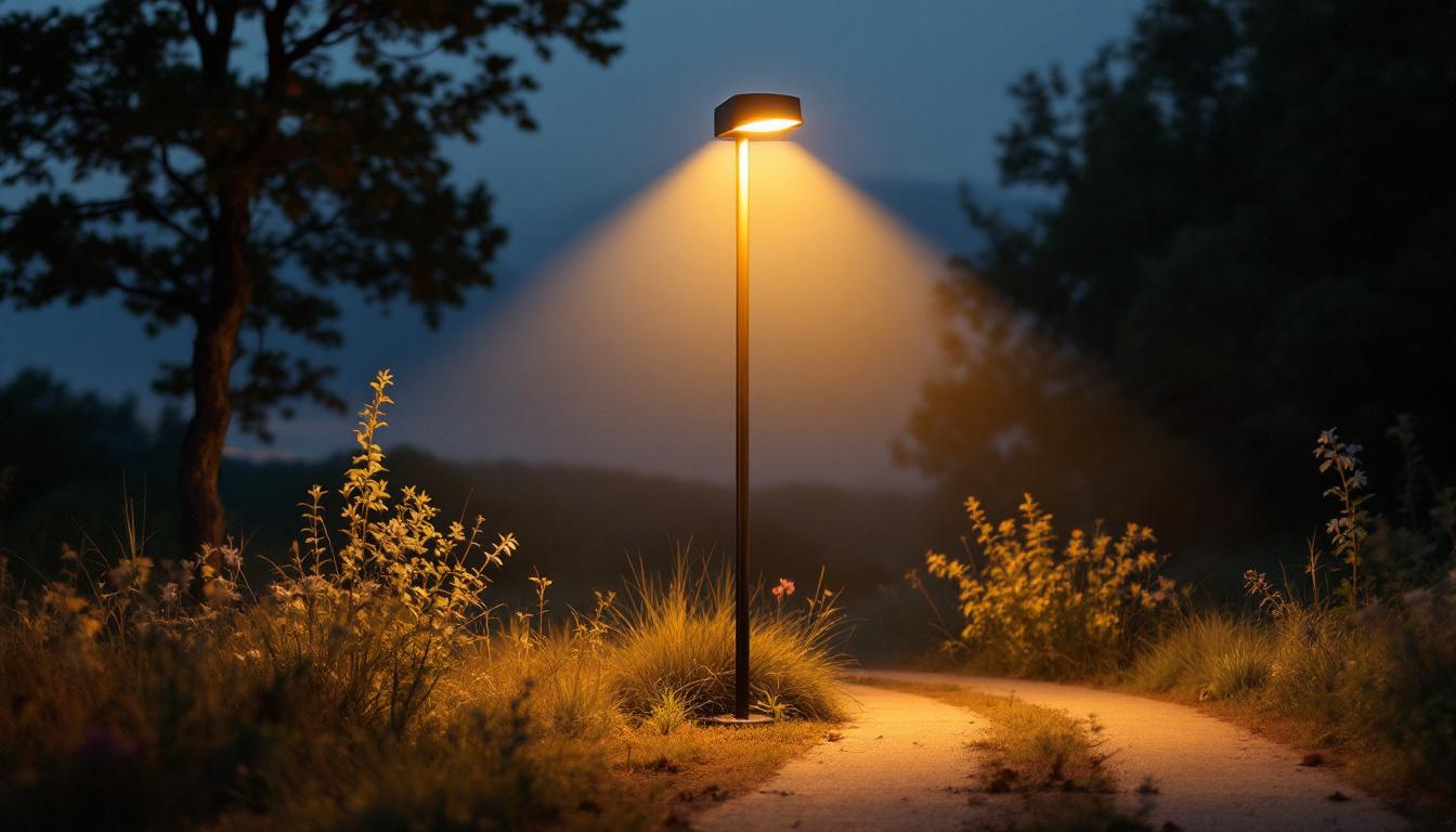 A photograph of a portable light pole set up in a natural outdoor setting during dusk