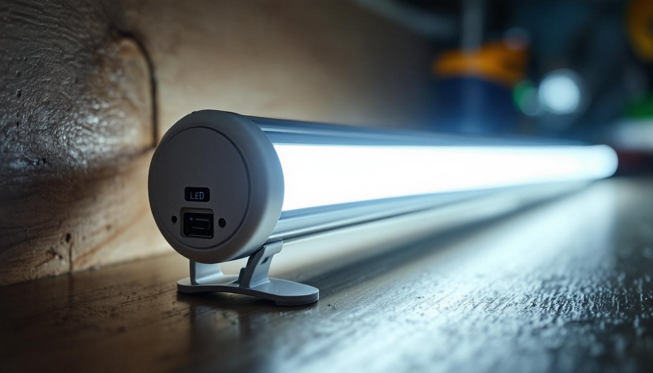 A photograph of a close-up of a led tube light in a well-lit environment