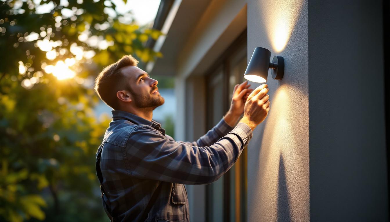 A photograph of a skilled electrical engineer installing or adjusting an outdoor wall spotlight in a residential or commercial setting
