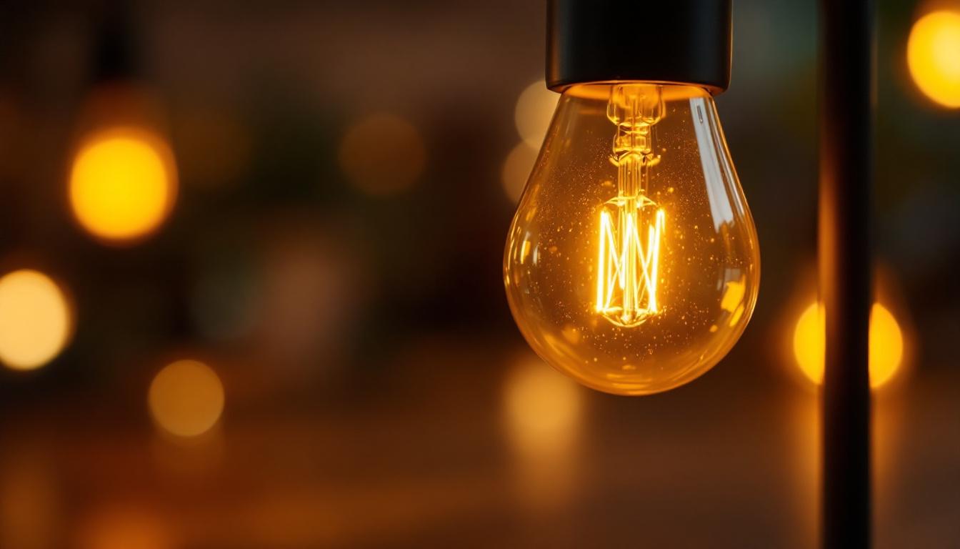 A photograph of a close-up of a dimmable led bulb in a stylish lamp