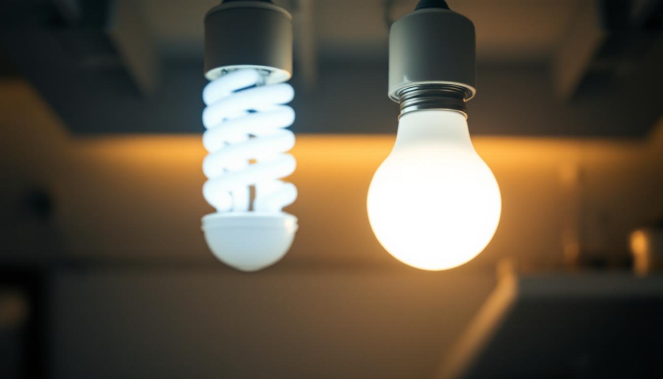 A photograph of a side-by-side comparison of t8 and t12 fluorescent bulbs in their respective fixtures