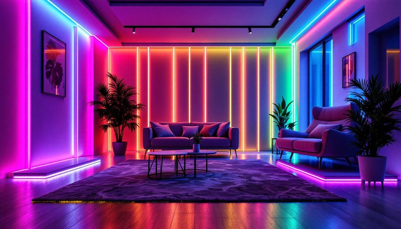 A photograph of a beautifully illuminated room featuring a variety of led strip lights in different colors and configurations