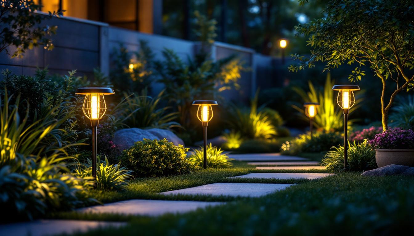 A photograph of a beautifully illuminated outdoor space featuring modern solar landscape lights