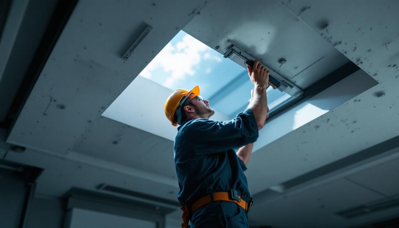 A photograph of a skilled engineer inspecting a ceiling recess in a modern building