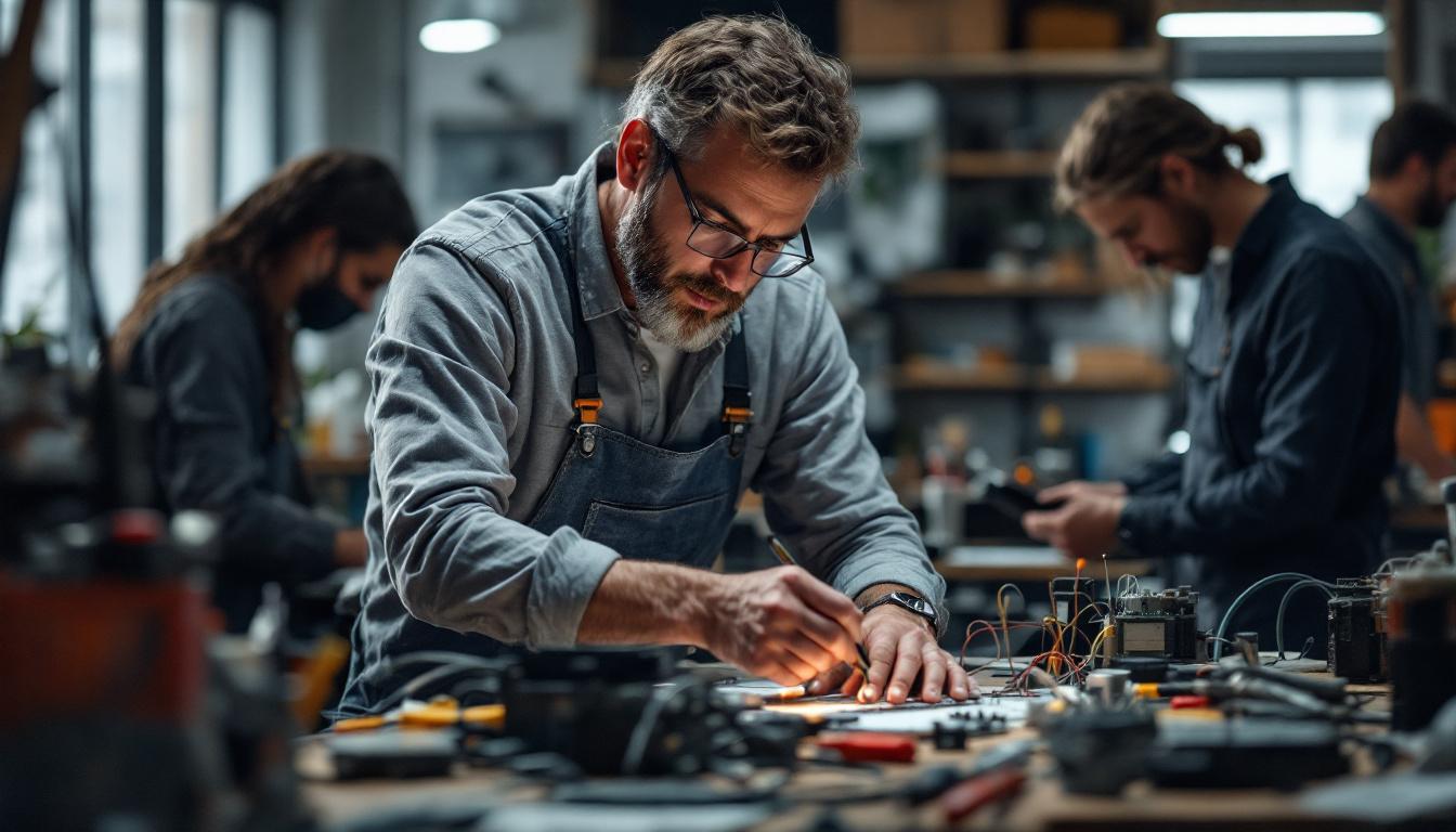 A photograph of a skilled electrical engineer working collaboratively with experts in a workshop setting