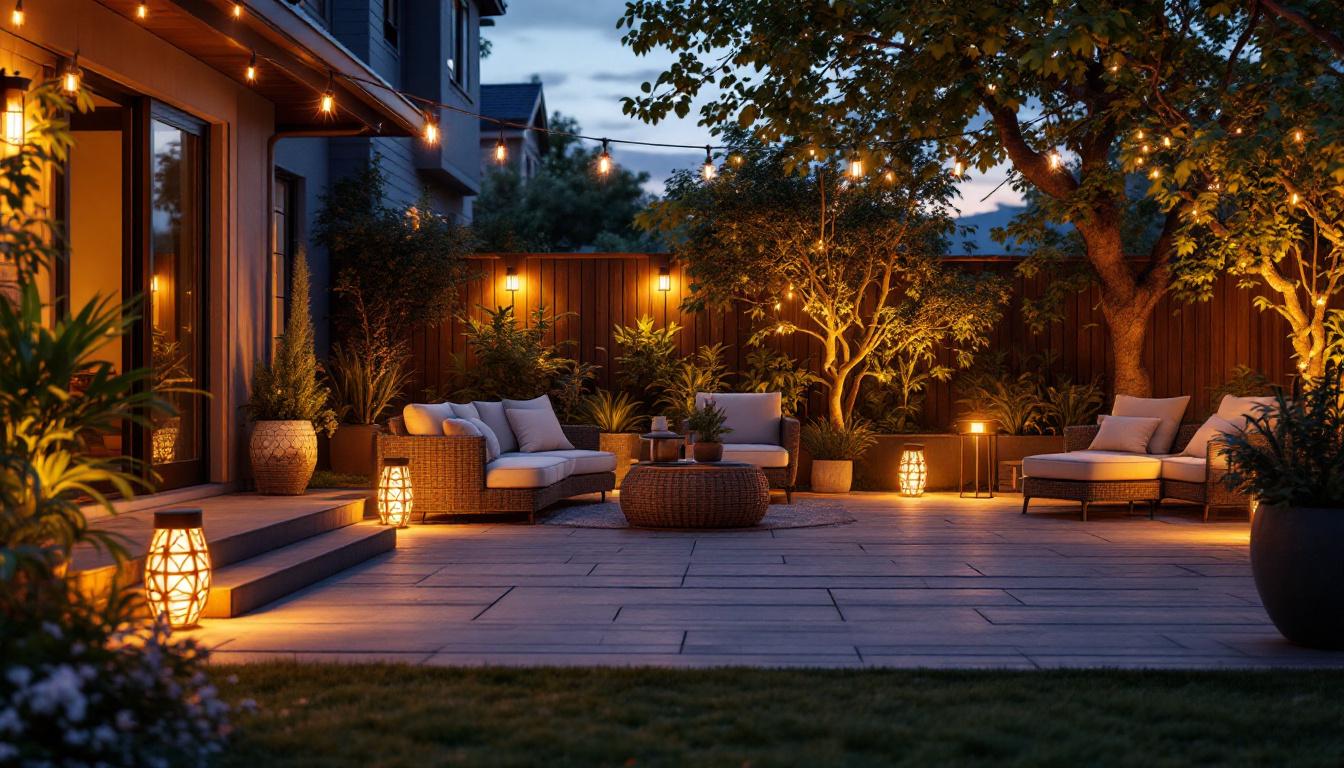 A photograph of a beautifully illuminated patio at dusk