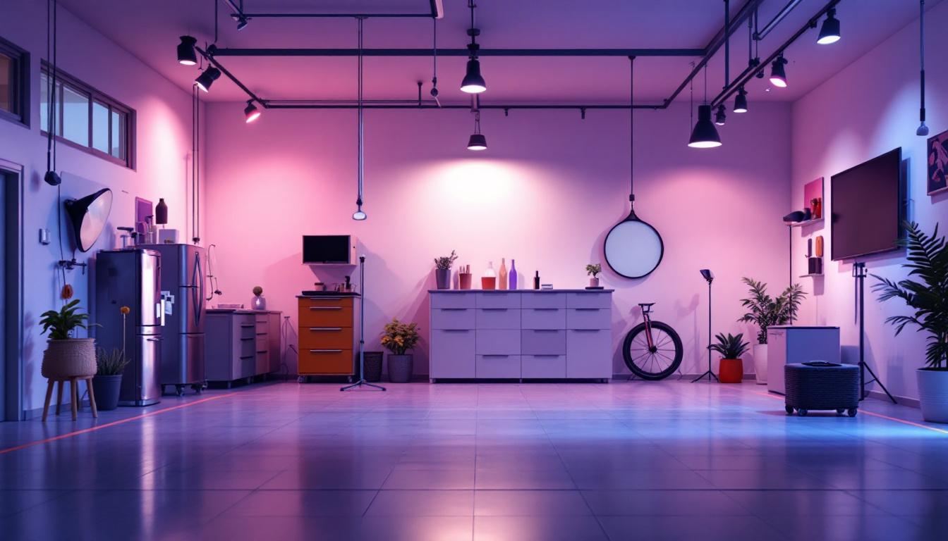 A photograph of a well-lit garage showcasing various types of lighting fixtures and controls in use