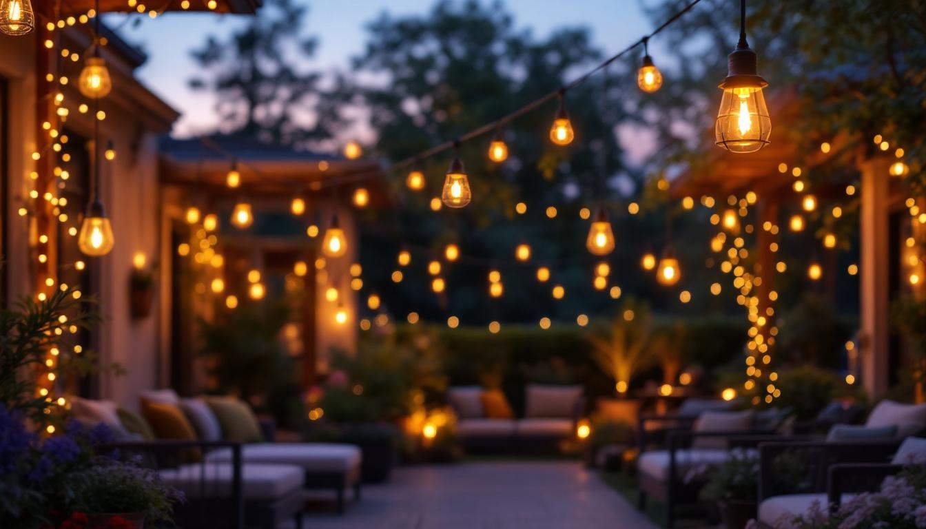 A photograph of a beautifully arranged outdoor space adorned with hanging decorative lights