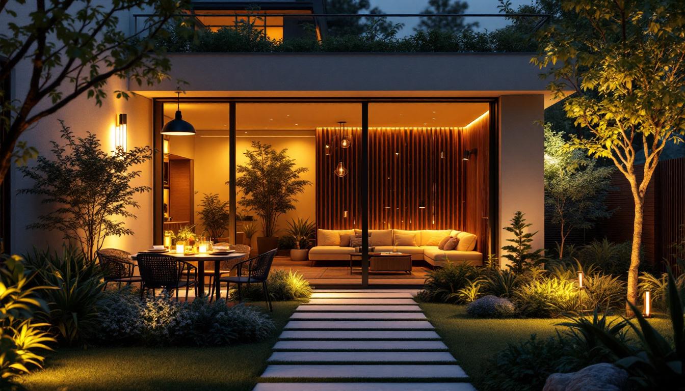 A photograph of a beautifully lit outdoor space showcasing various types of outdoor lighting fixtures in use