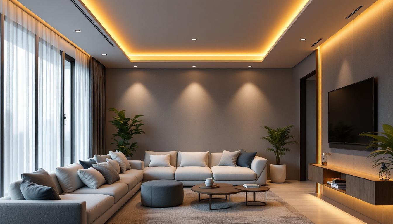 A photograph of a stylishly designed living space featuring modern recessed lighting fixtures