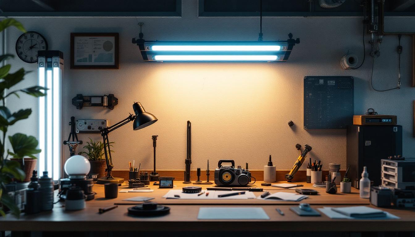 A photograph of a well-lit engineering workspace featuring f32t8/tl941 fluorescent lights in action
