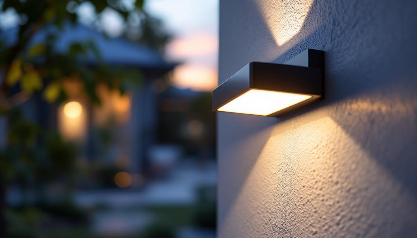 A photograph of a modern led exterior light fixture installed in a stylish outdoor setting