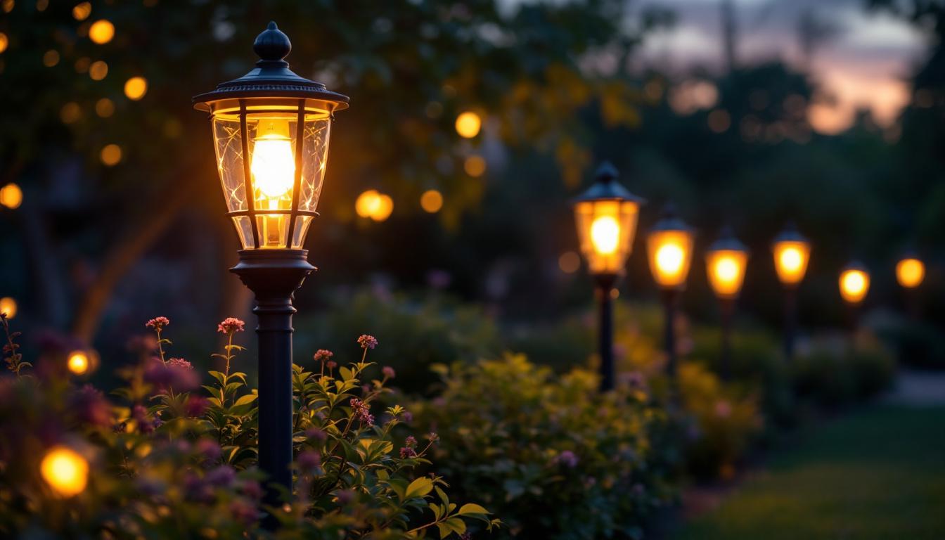 A photograph of a beautifully illuminated garden scene featuring decorative lights mounted on posts