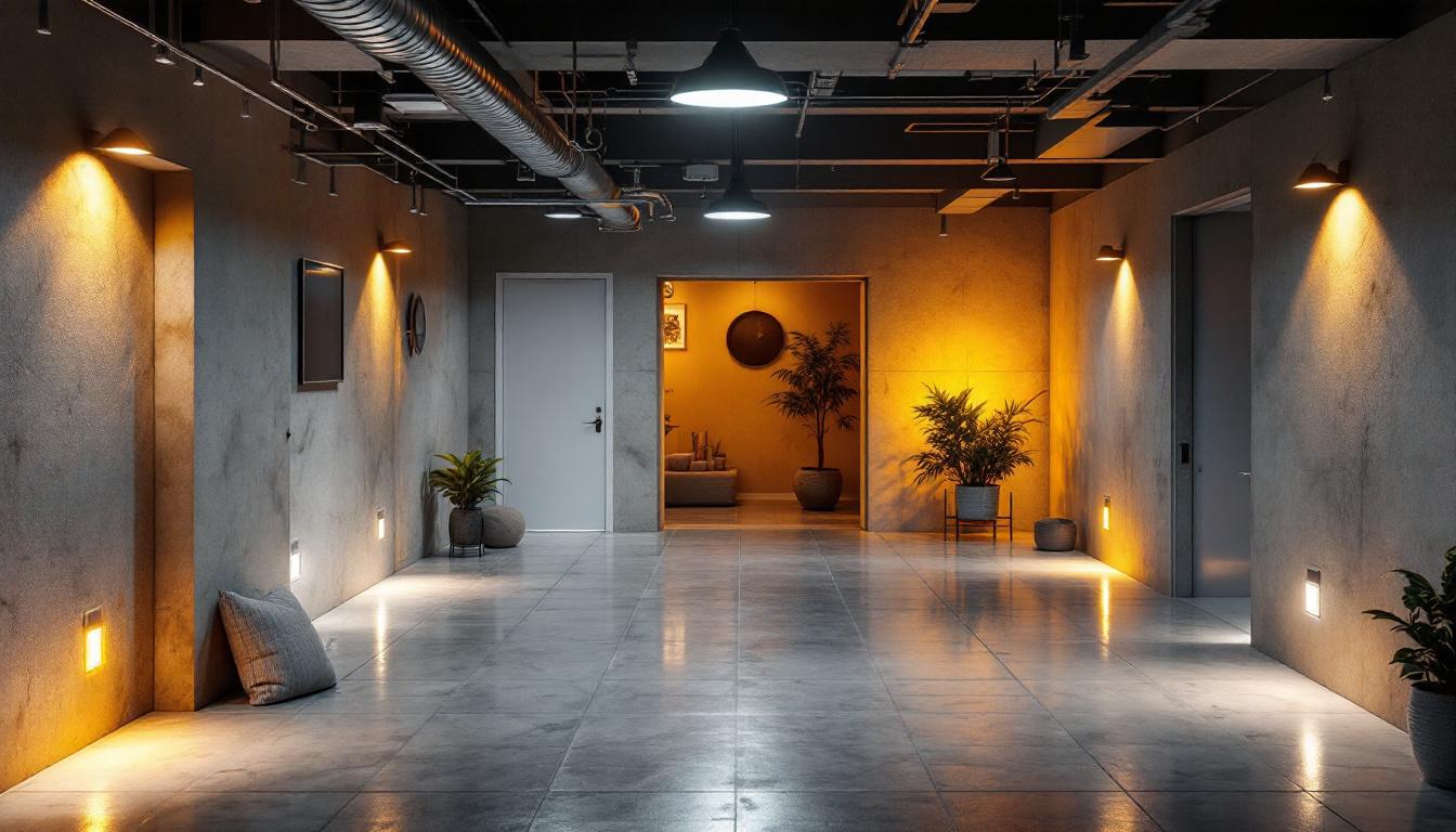 A photograph of a well-lit basement space showcasing various led lighting options
