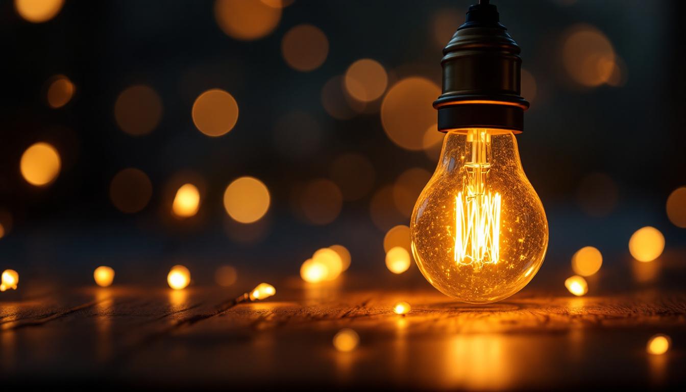 A photograph of a glowing light bulb surrounded by a warm
