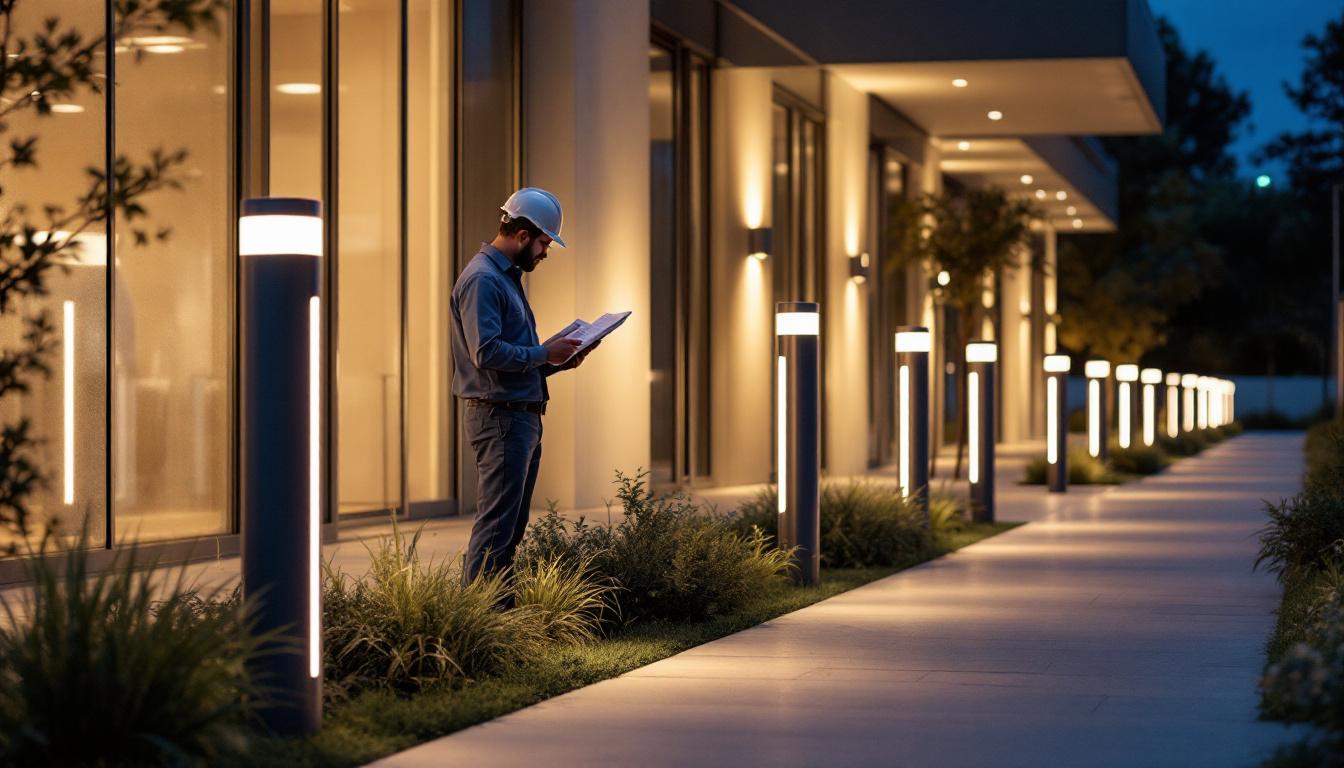A photograph of a commercial setting featuring led bollard lights illuminating a pathway or entrance