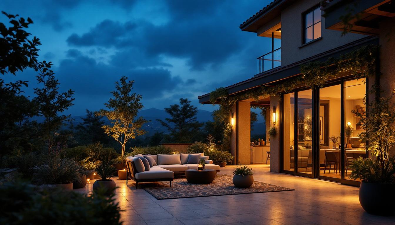 A photograph of a beautifully designed outdoor patio illuminated by strategically placed flood lights