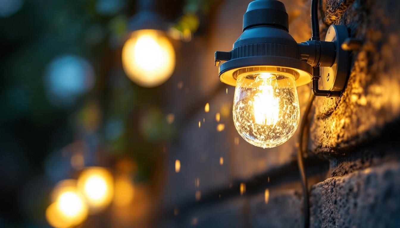 A photograph of a close-up of a weatherproof connector in use within an outdoor lighting system