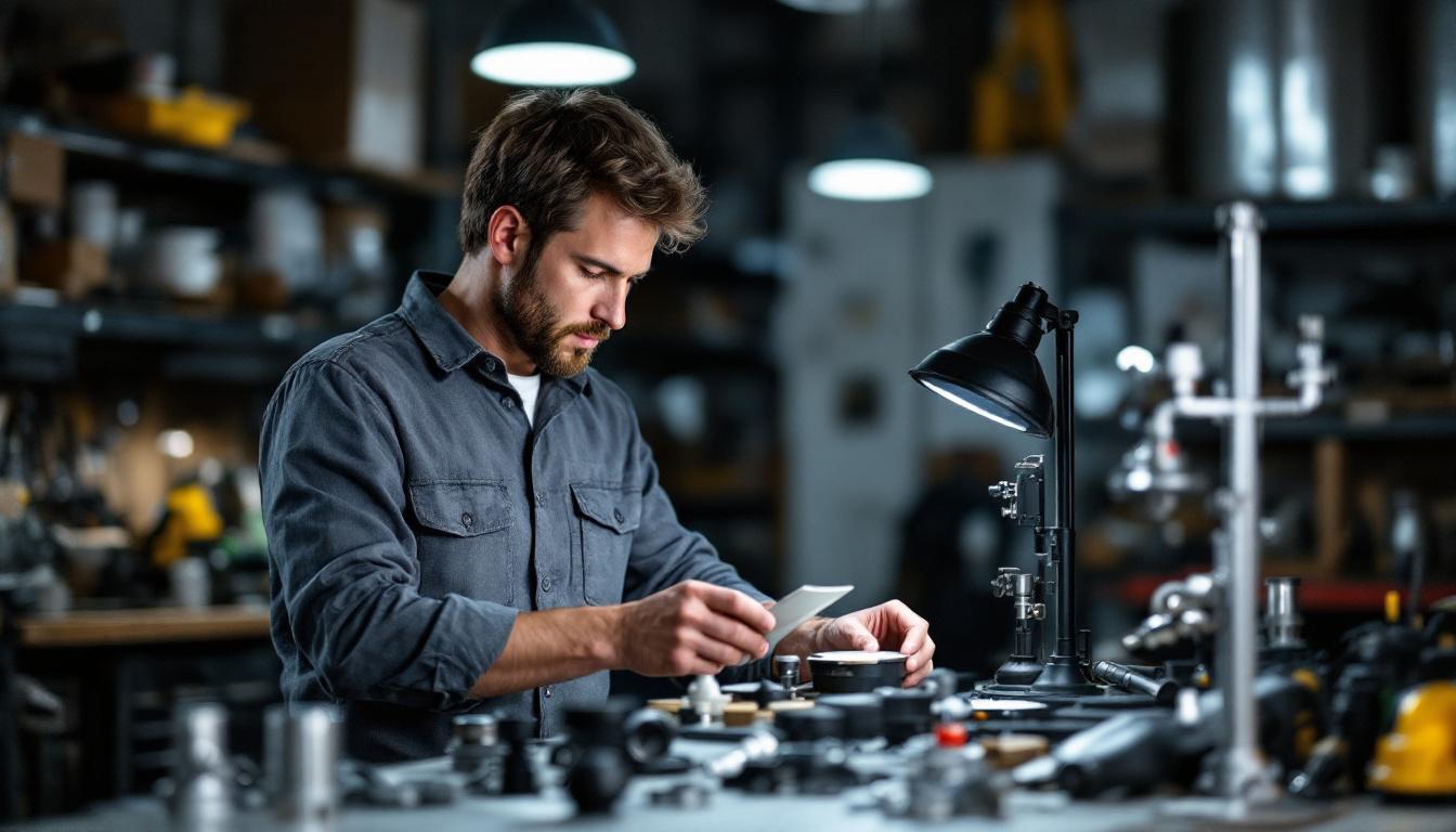 A photograph of a lighting engineer examining various outdoor post lamp replacement parts in a well-lit workshop