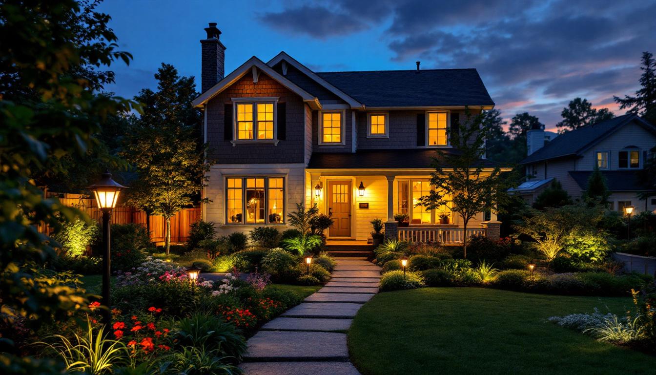 A photograph of capture a photograph of a beautifully illuminated yard at dusk
