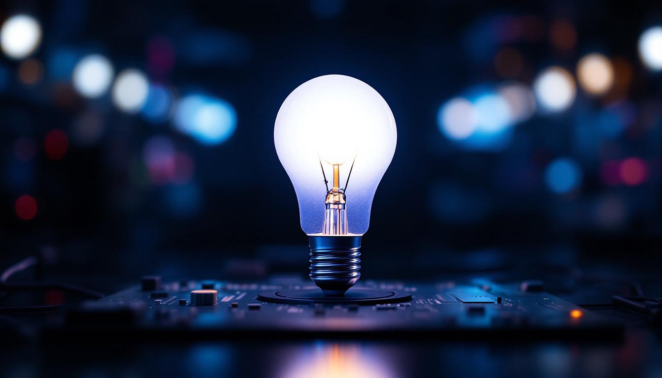 A photograph of a close-up of a 110-volt led light bulb illuminated in a dark setting