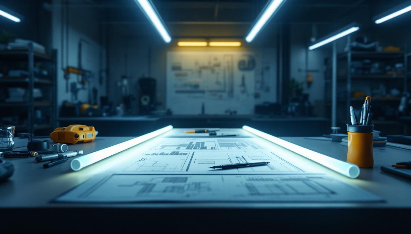 A photograph of a well-lit engineering workspace featuring fluorescent lights in use