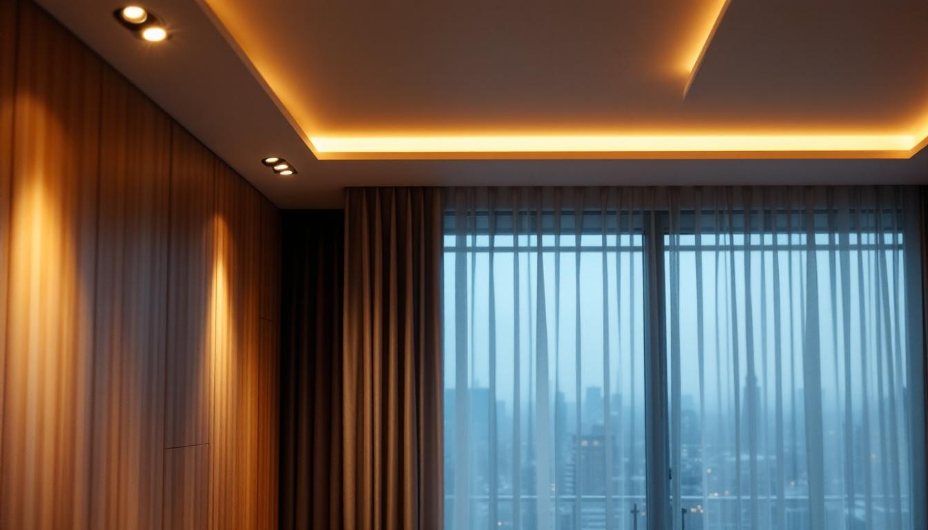A photograph of a modern interior space featuring inset ceiling spotlights