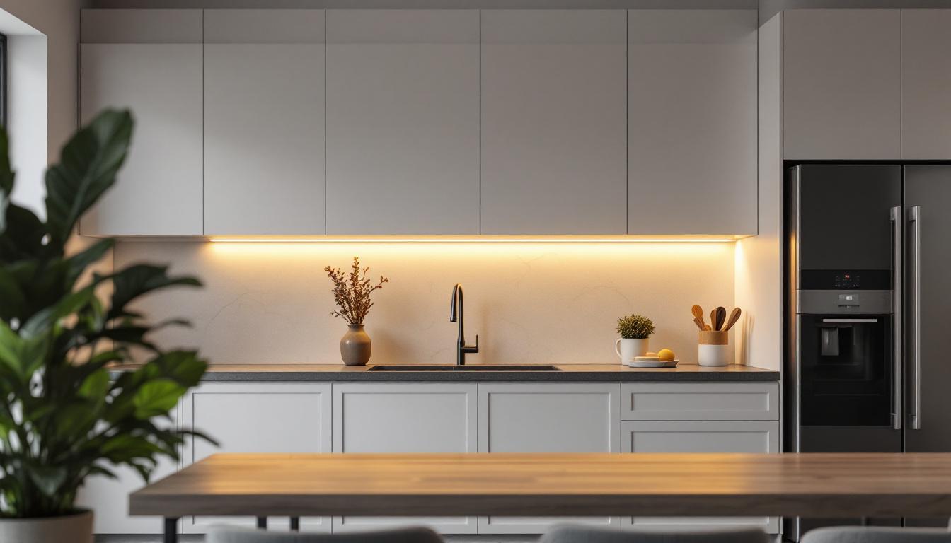 A photograph of a sleek under-cabinet lighting installation in a modern kitchen setting