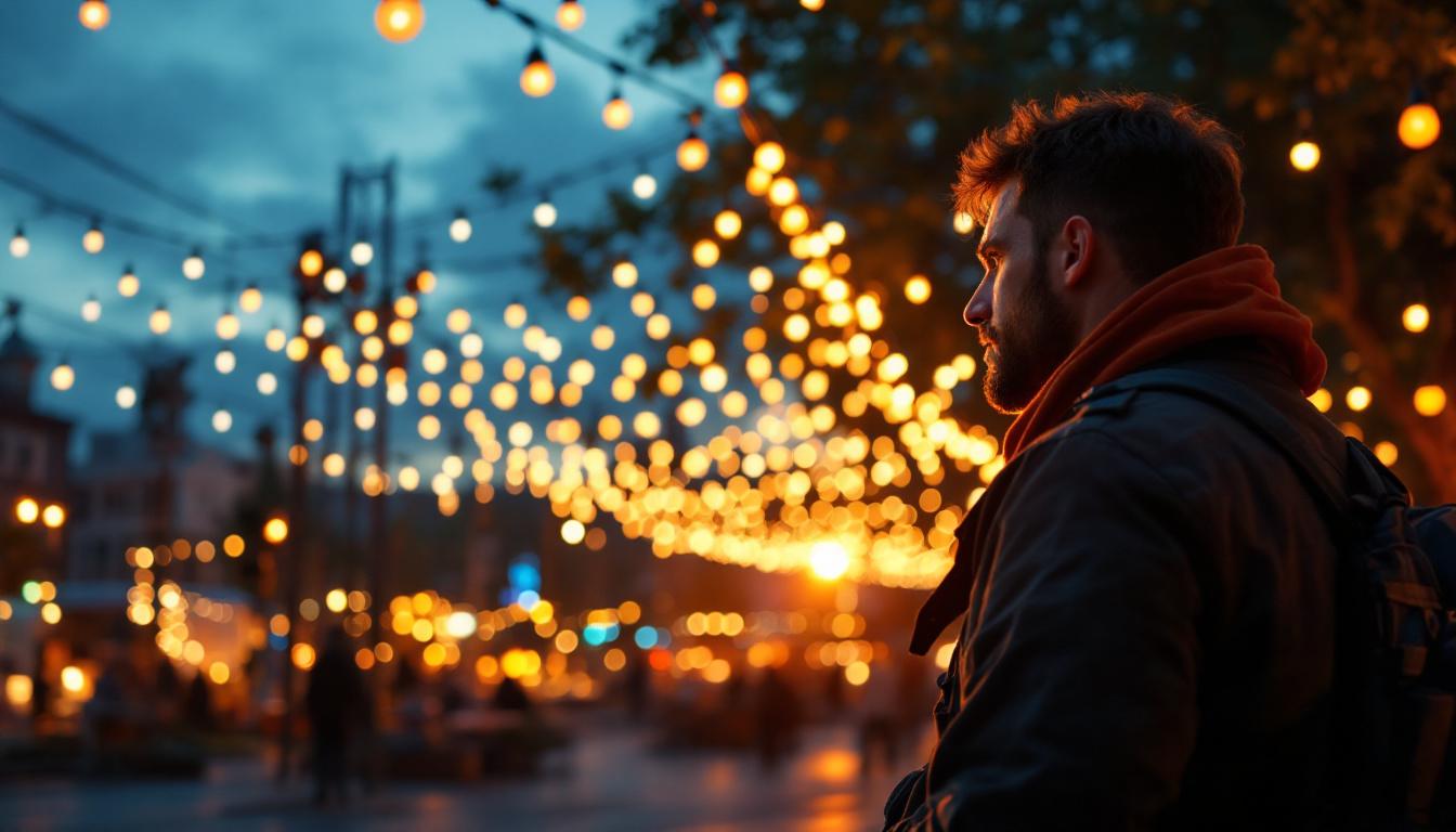 A photograph of a stunning outdoor scene featuring 100-foot lights illuminating a vibrant space