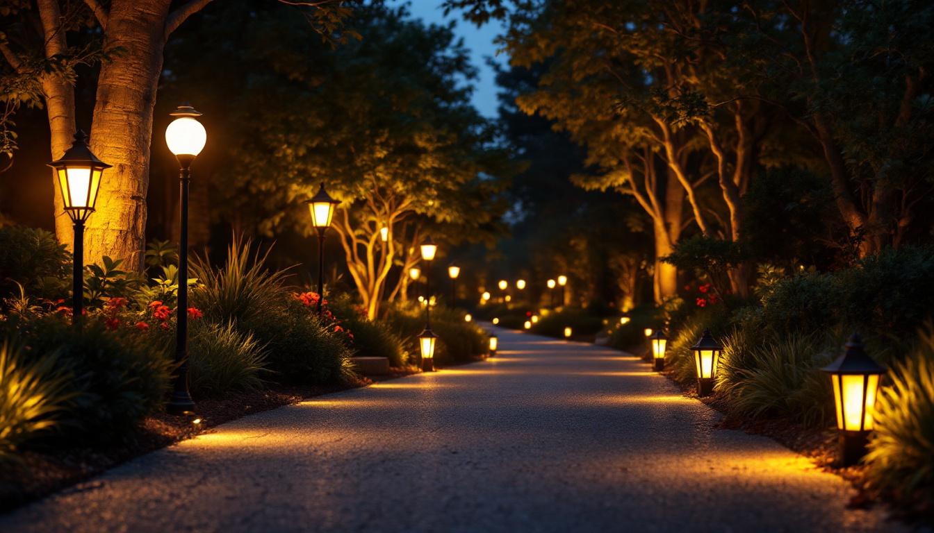 A photograph of a beautifully illuminated driveway showcasing various styles of lamps