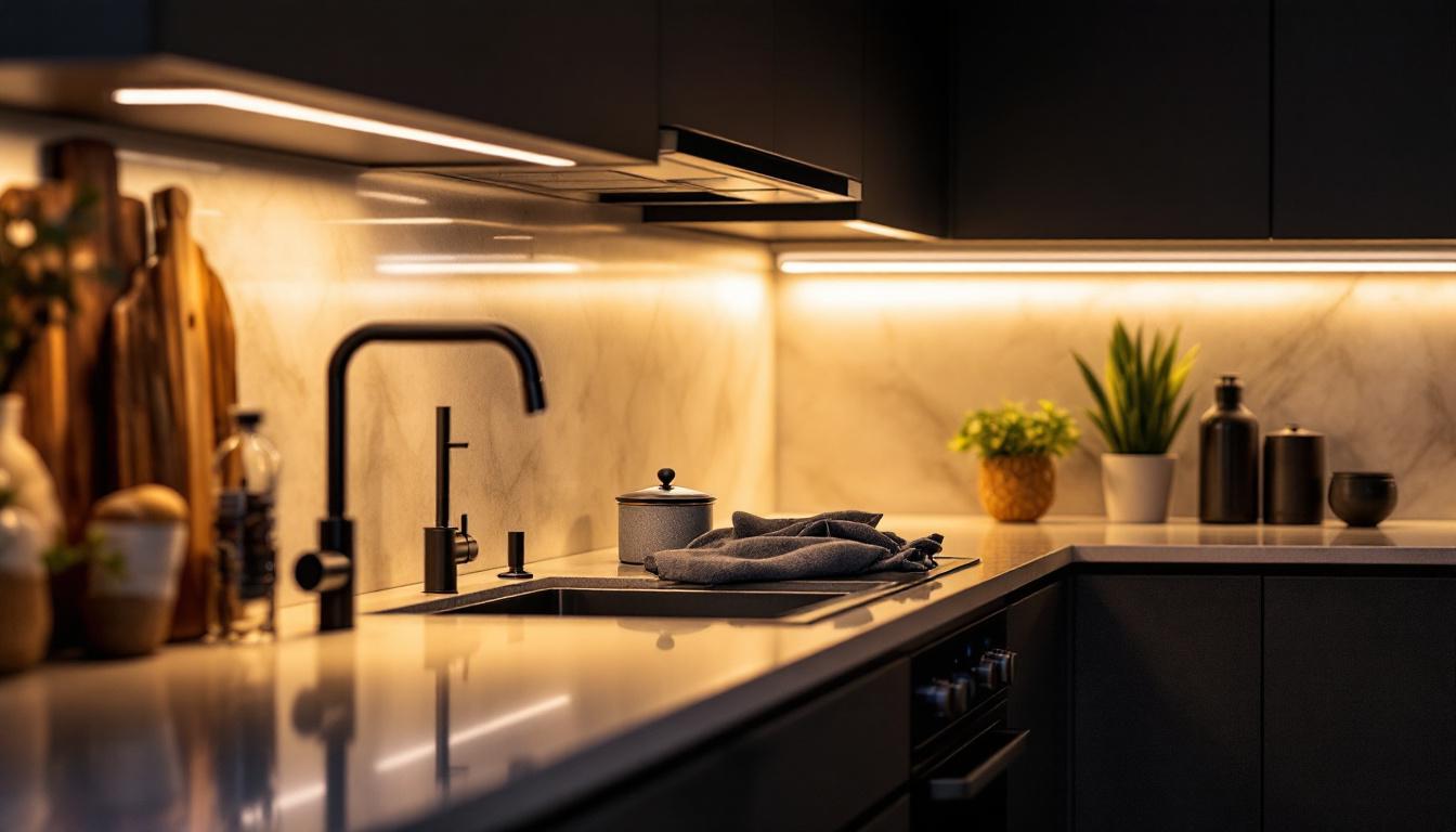 A photograph of a stylish kitchen countertop illuminated by sleek under-counter led lights