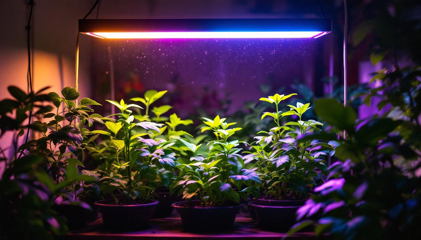A photograph of a vibrant indoor garden illuminated by a 1000w grow light