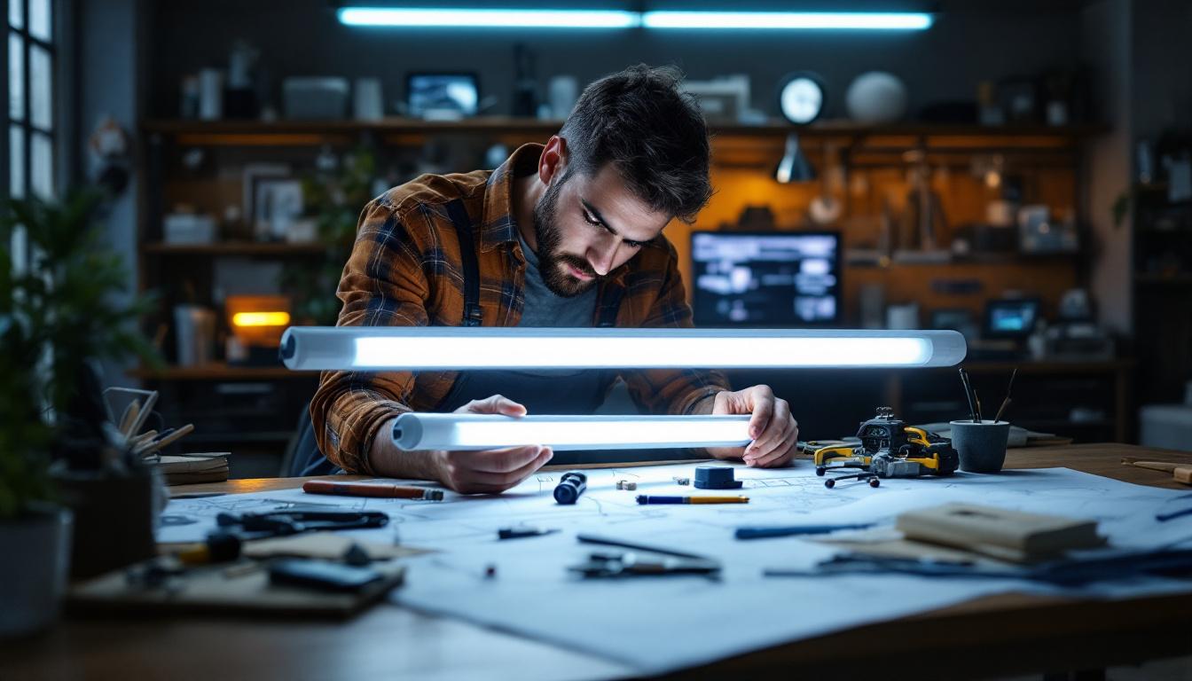 A photograph of a well-lit workspace featuring an electrical engineer examining a tube t8 led light fixture