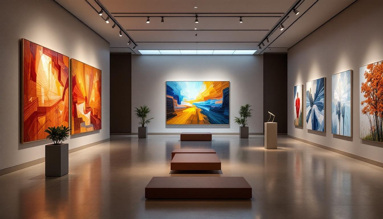 A photograph of a modern art gallery showcasing innovative lighting designs