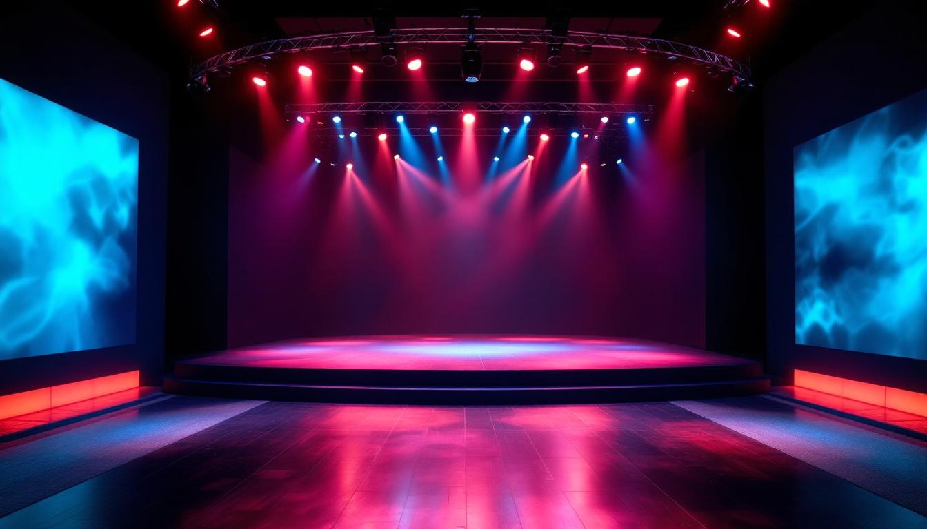 A photograph of a beautifully illuminated theater floor showcasing intricate lighting designs and controls in action